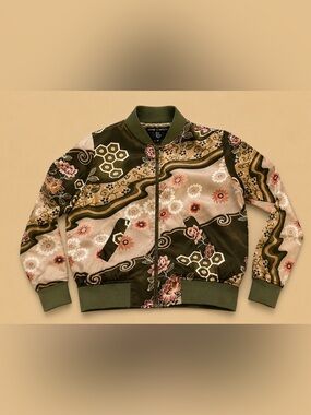 Y2K Anne Carson Olive & Blush Floral Bomber Jacket 100 silk exterior